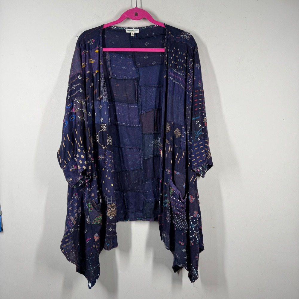 Earthbound Trading Co Patchwork Kimono Cardigan Boho Sz XL Handkerchief Hem